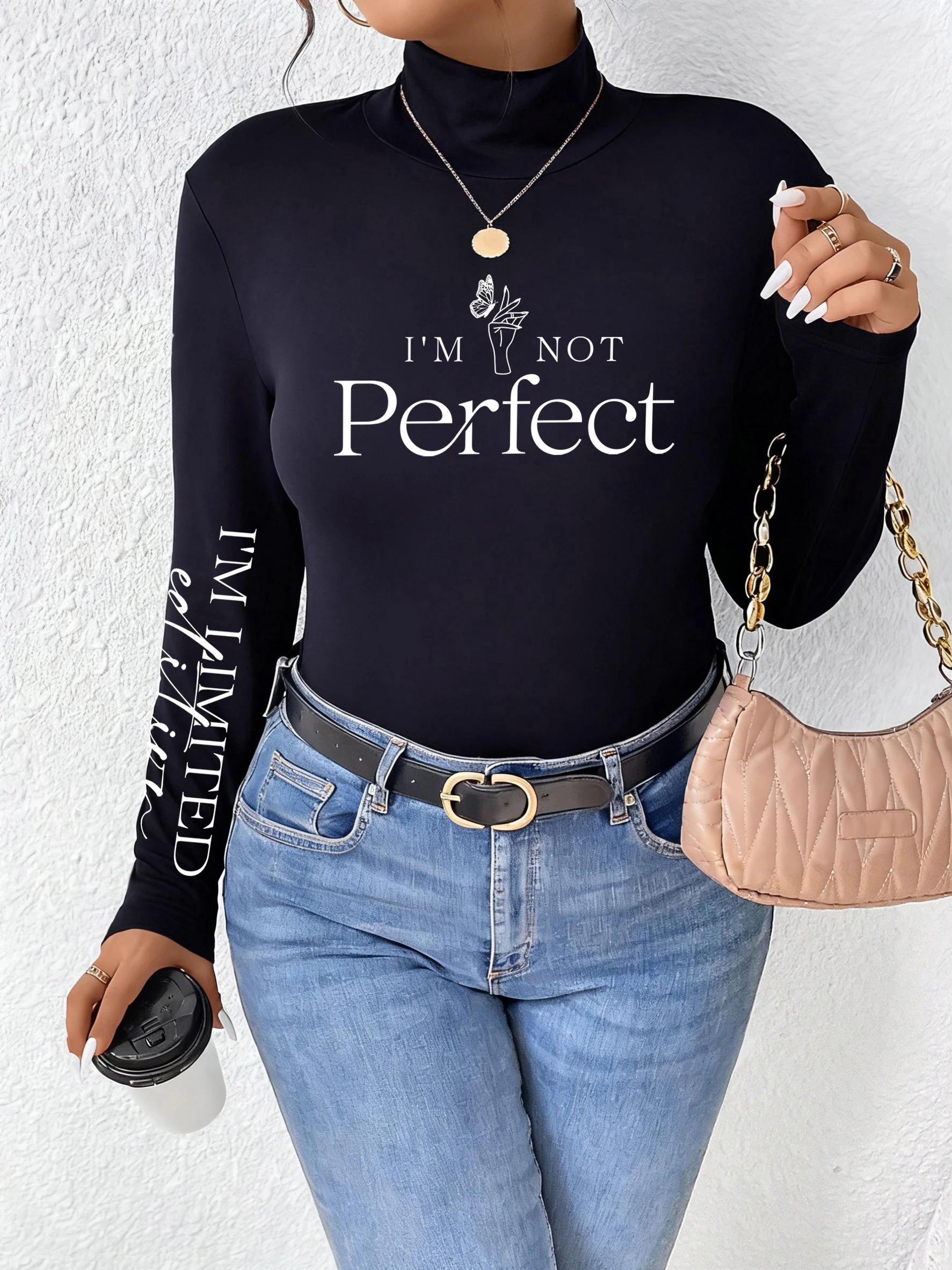 Koszulka damska z nadrukiem artystycznym i napisem \\\\\\\"I'M Not Perfect\\\\\\\", jesienne uniwersalne topy, modne, codzienne bluzy, dopasowane, grube ubrania z długim rękawem.