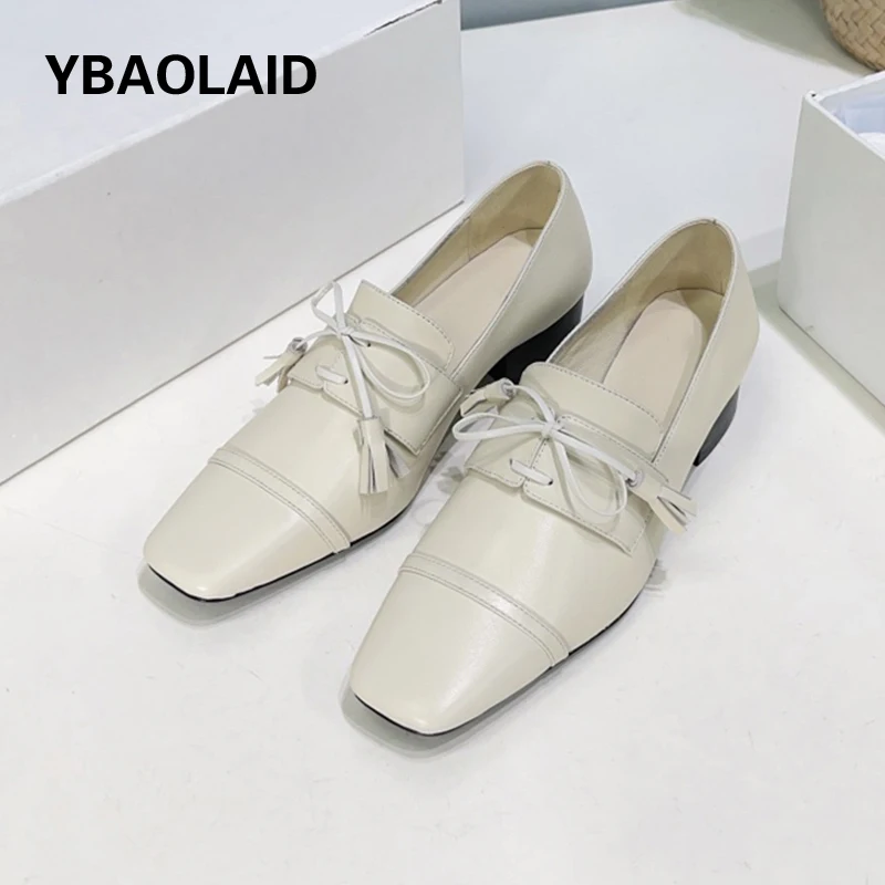 

Neutral Retro Concise Loafers Shoes Women Square Toe Chunky Low Heel Shoe Real Leather Tassels Lace Up Comfort Women Casual Shoe