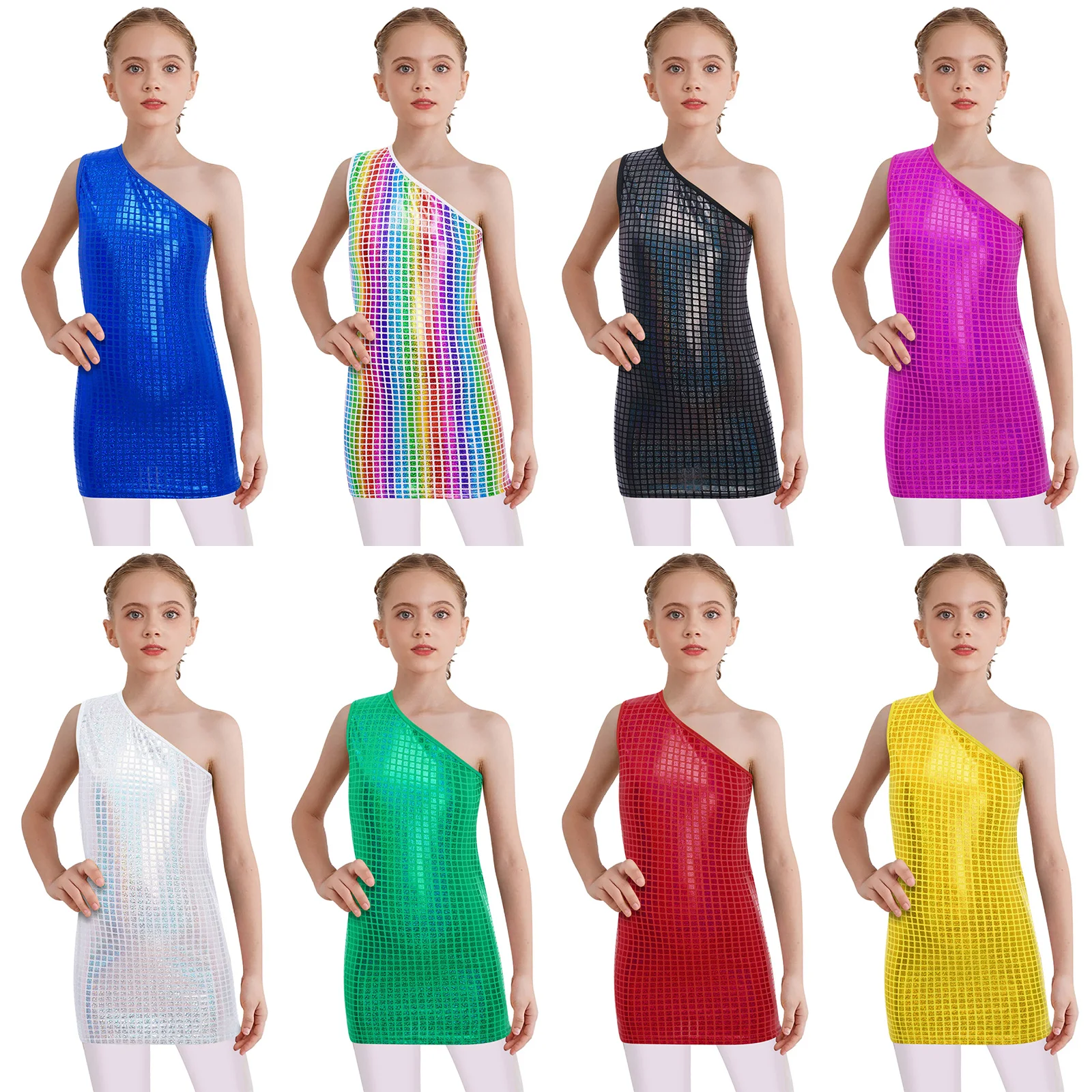 Crianças meninas vestido de dança xadrez um ombro sem mangas metálico cheerleading palco desempenho jazz traje