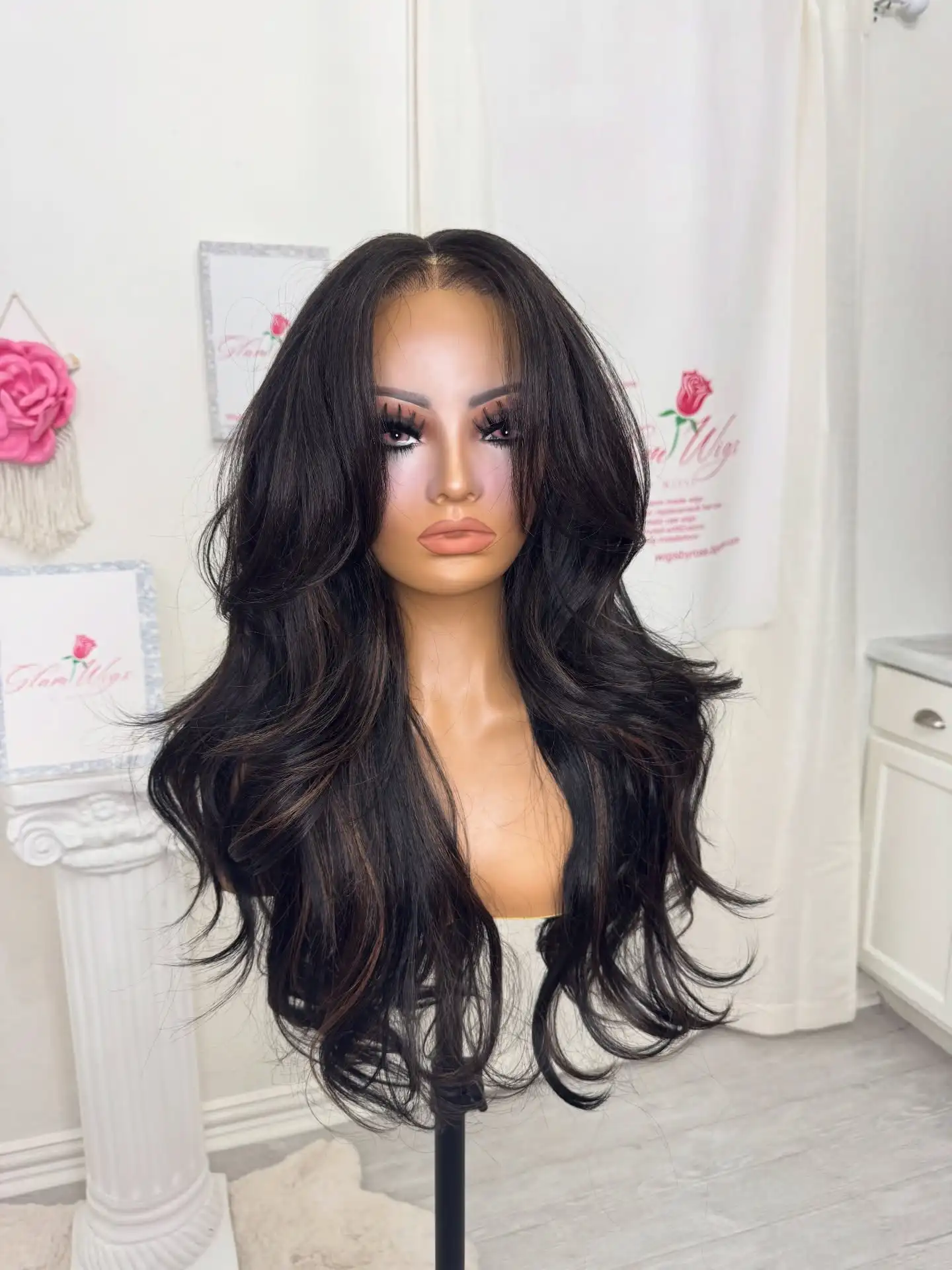 24 Inches Dark Brown with Highlights Synthetic Lace Frontal Wigs Long Length Loose Wave Daily Party Wigs Small Large Cap Size