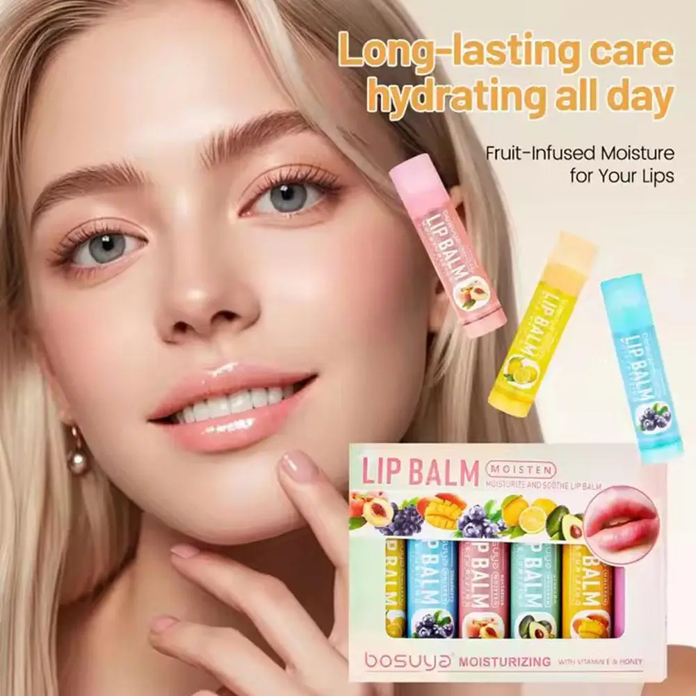 6PCs Natural Fresh Fruit Lip Balm Set Winter Moisturizing Lip Oil Long-Lasting Glossy Nourishing Lipstick Dry Lip Care Makeup