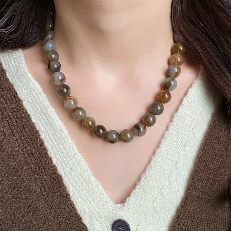 7 Colors 42cm Smudging Round Beads Acrylic Choers Necklaces Vintage Resin Collarbone Chain Charms Banquet Dress Decoration K image 3