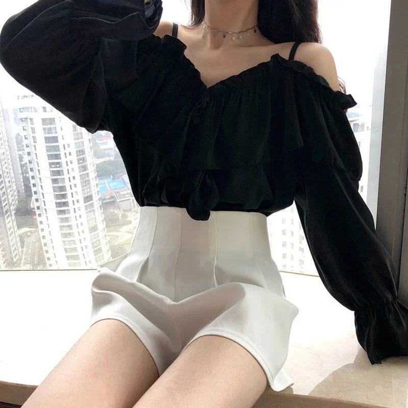 EAEOVNI Sexy Off Shoulder Blouses Women Ruffles Solid Slash Neck Chiffon Shirts Office Lady Korean Flare Long Sleeve Casual Tops