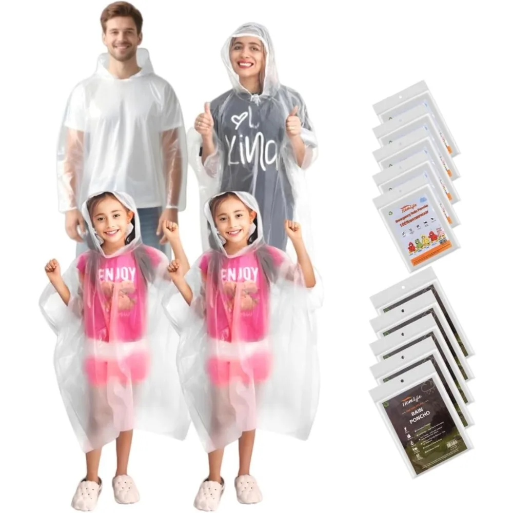 

Одноразовые пончо от дождя Family Pack: водонепроницаемые, многоразовые, легкие для взрослых и детей