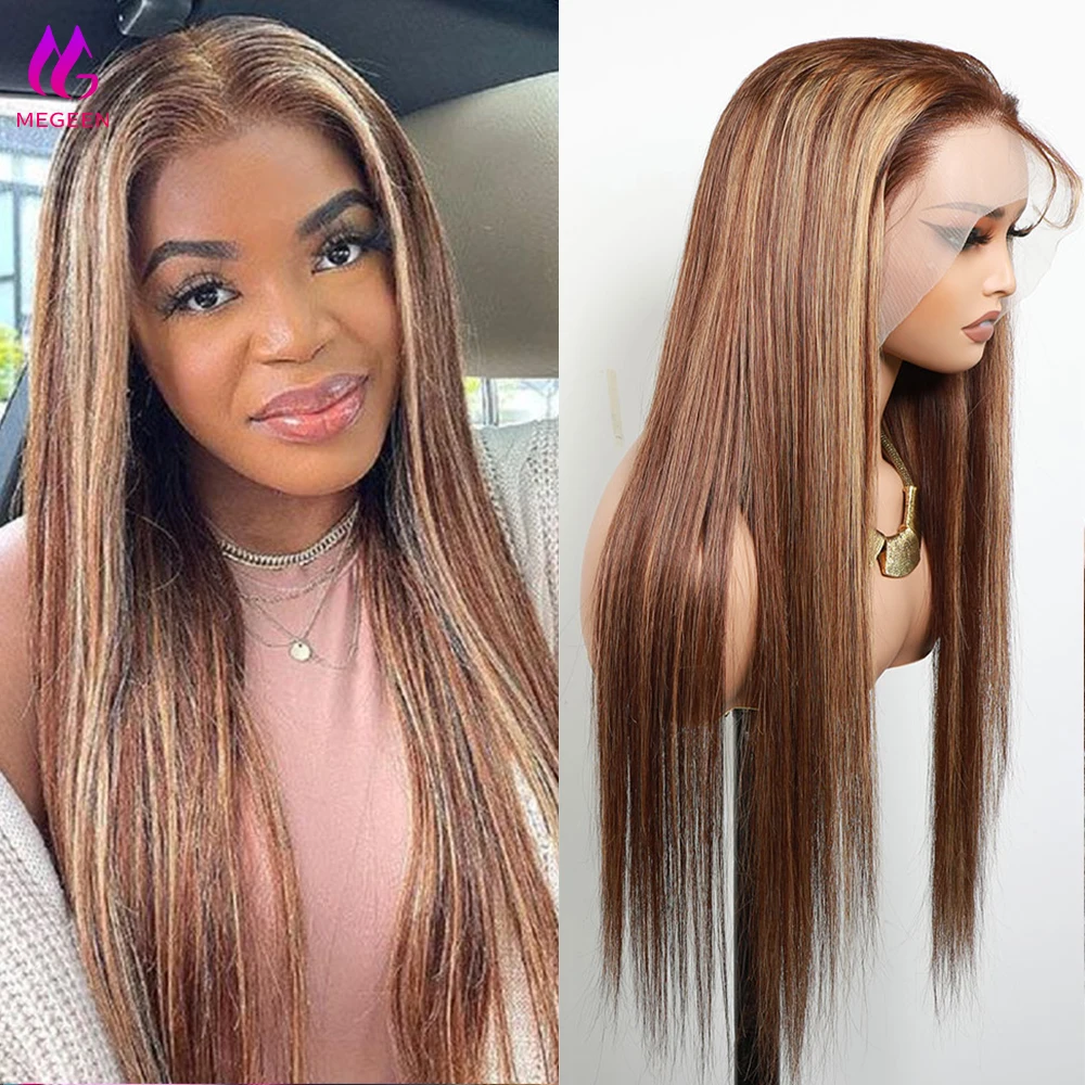 شعر مستعار ملون من Megeen-Ombre ، منتوف مسبقًا ، شعر مستعار بدانتيل أمامي 13 × 4 ، شعر بشري ، شفاف ، مستقيم ، P4 27 ، 26"