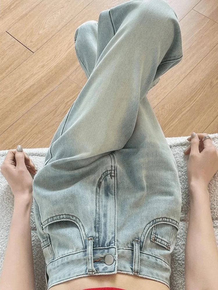 

New Chinese Sle Slim Straight Jeans Women's Fall Thin Wide Leg Pants High Waist Long Cotton Polyester Blend Floor Length