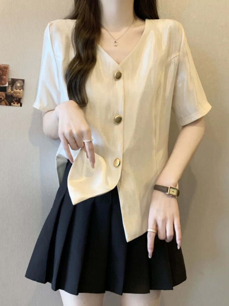 

Elegant V-neck Short Sleeve Shirt Women's Summer plus Size Slimming High-end Personality Top Beautiful Small Shirt