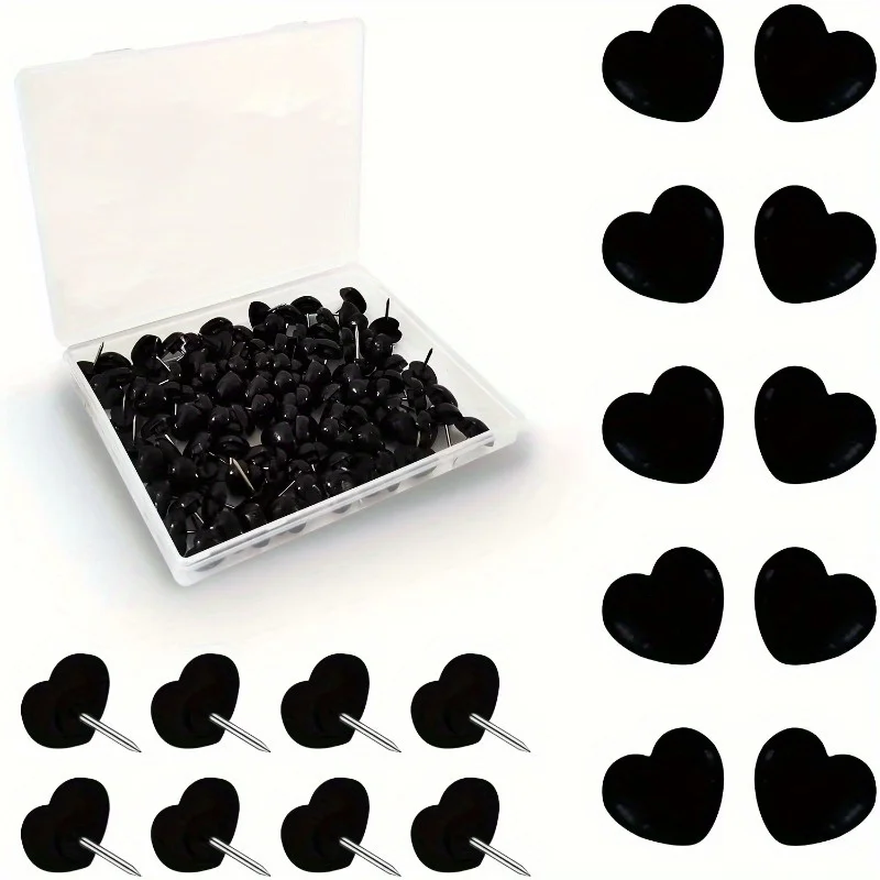 Durable Steel 50pcs Heart-Shaped Push Pins - Black Thumbnails with Plastic Hearts for Photo Walls, Posters, Greeting Cards