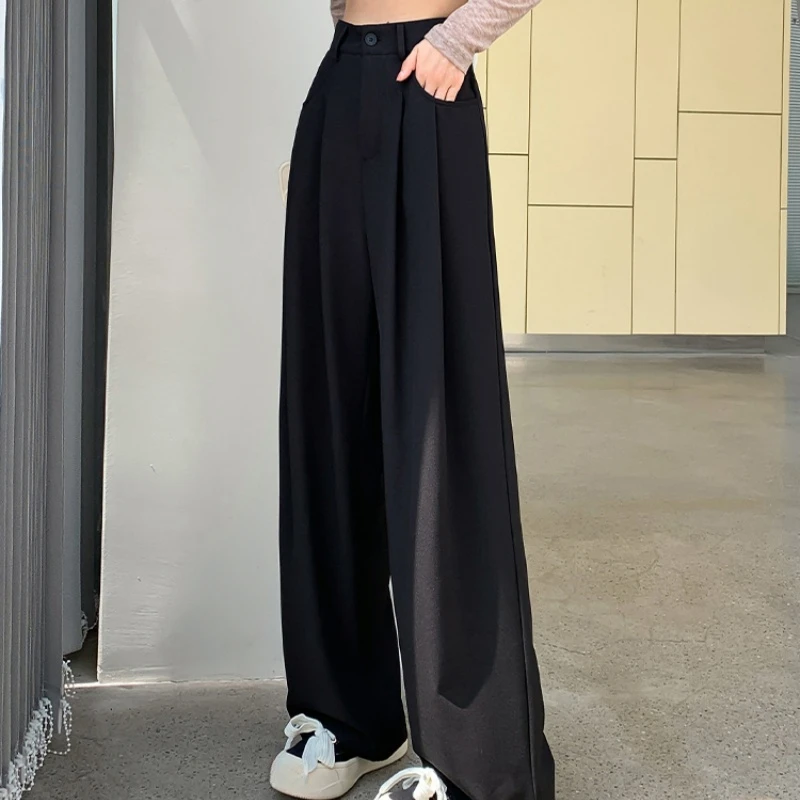 Retro ผู้หญิงสบายๆกางเกง 2025 ฤดูใบไม้ผลิฤดูร้อนใหม่เอวสูงขากว้างกางเกงตรงความยาวเต็ม Draped Office Lady กางเกง