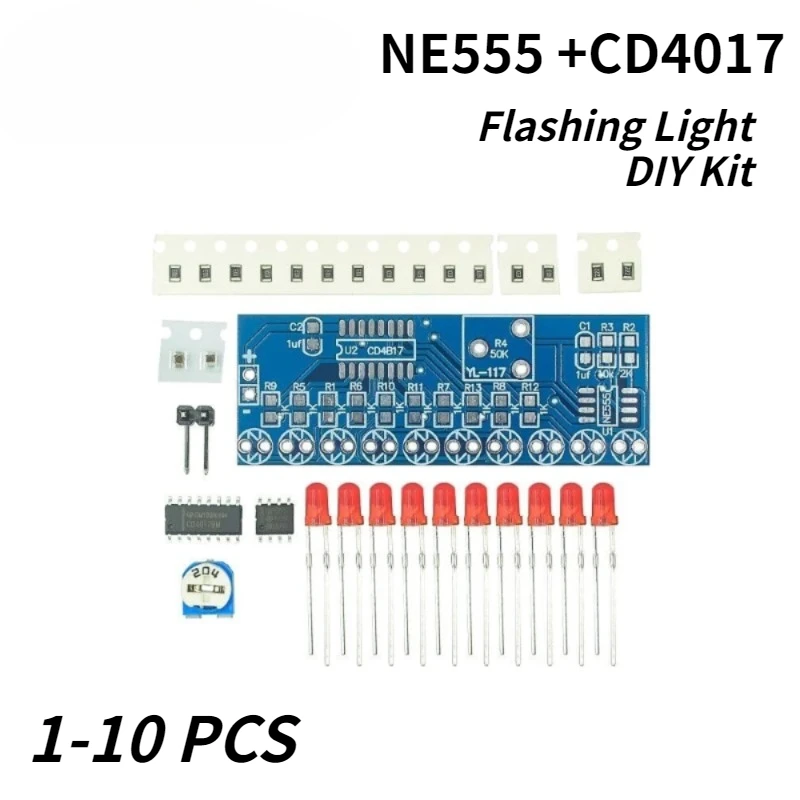 

1-10pcs NE555 +CD4017 Red LED Flashing Light DIY Kit SMD Soldering Practice Suite LED Water Flowing Effect DC 2.5-14.5V 1.6mm