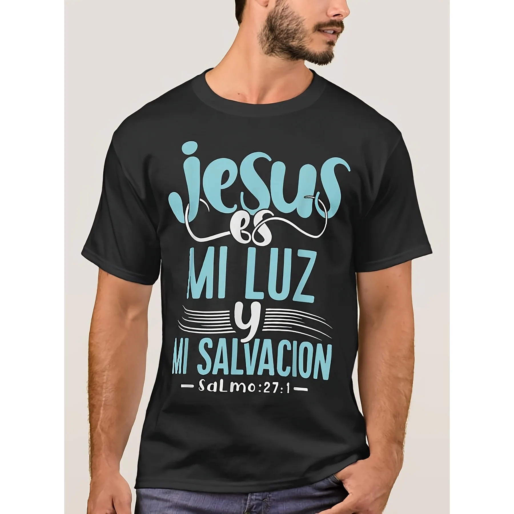 T-shirt graphique chrétien « Jésus est ma lumière et ma salut » pour hommes, t-shirt noir en coton à manches courtes