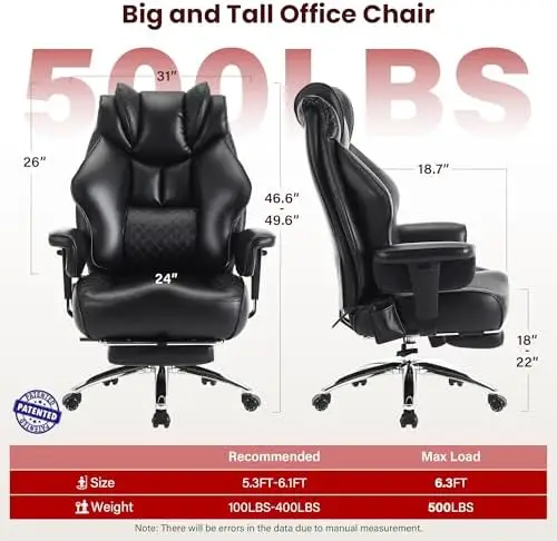 500lbs Big and Tall Office Chair Adjustable Lumbar Support for Back Pain, Extra Wide Seat Executive Office Chair Thick