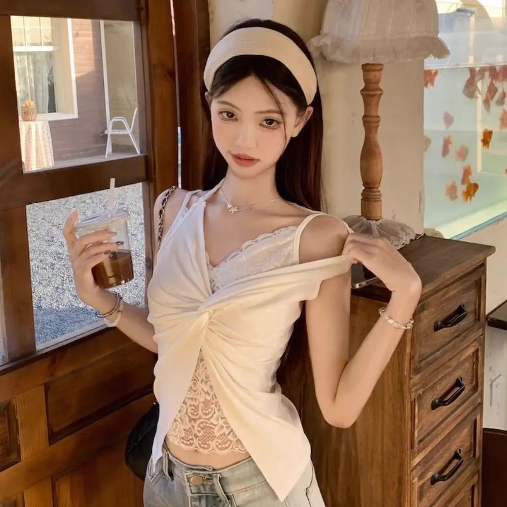 V Neck Lace Patchwork Vest Solid Color Twist Design Backless Tank Top Summer Fabric Sleeveless Spaghetti Straps Top Beach Wear