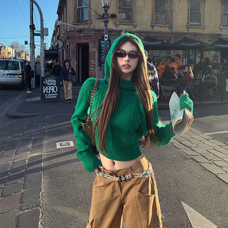 

Y2K Hooded Sweater Women Fashion Cropped White Knitted Pullovers Harajuku Korean Knitwears Winter Streetwear Long Sleeve Jumpers