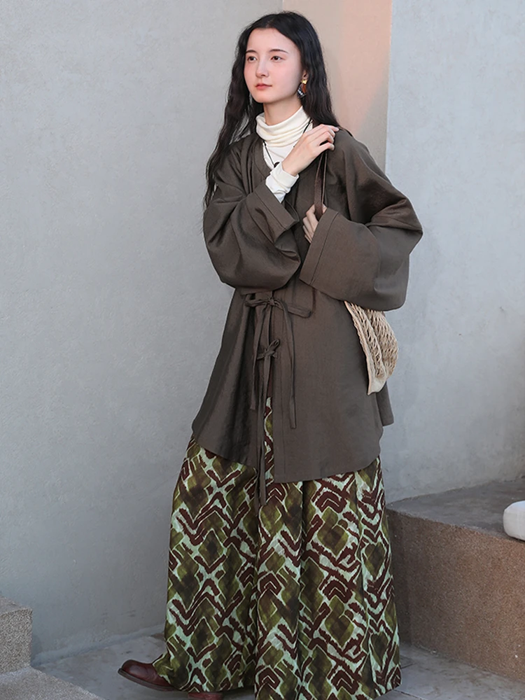 

New Arrival Cerc Color Blo Wide Leg Pants with Bow Bag Sve round Ne Hanfu Women's Premium Faion Autumn 2025