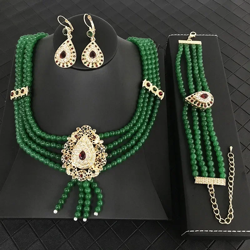 Gold Color Morocco  Necklace  Bracelet Earrings  Sets  for Women Arab Wedding Bridal Jewellery Beaded Sets