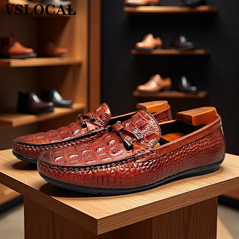 Sapatos masculinos de luxo preto marrom deslizamento em croco imprime sapatos casuais homem casamento escritório negócios mocassins de couro para homem