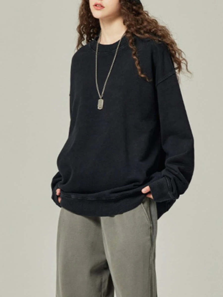 CHICEVER Zwart gesplitst plooien sweatshirt vrouwelijk O-hals met lange mouwen losse vintage streetwear damessweatshirts herfstmode