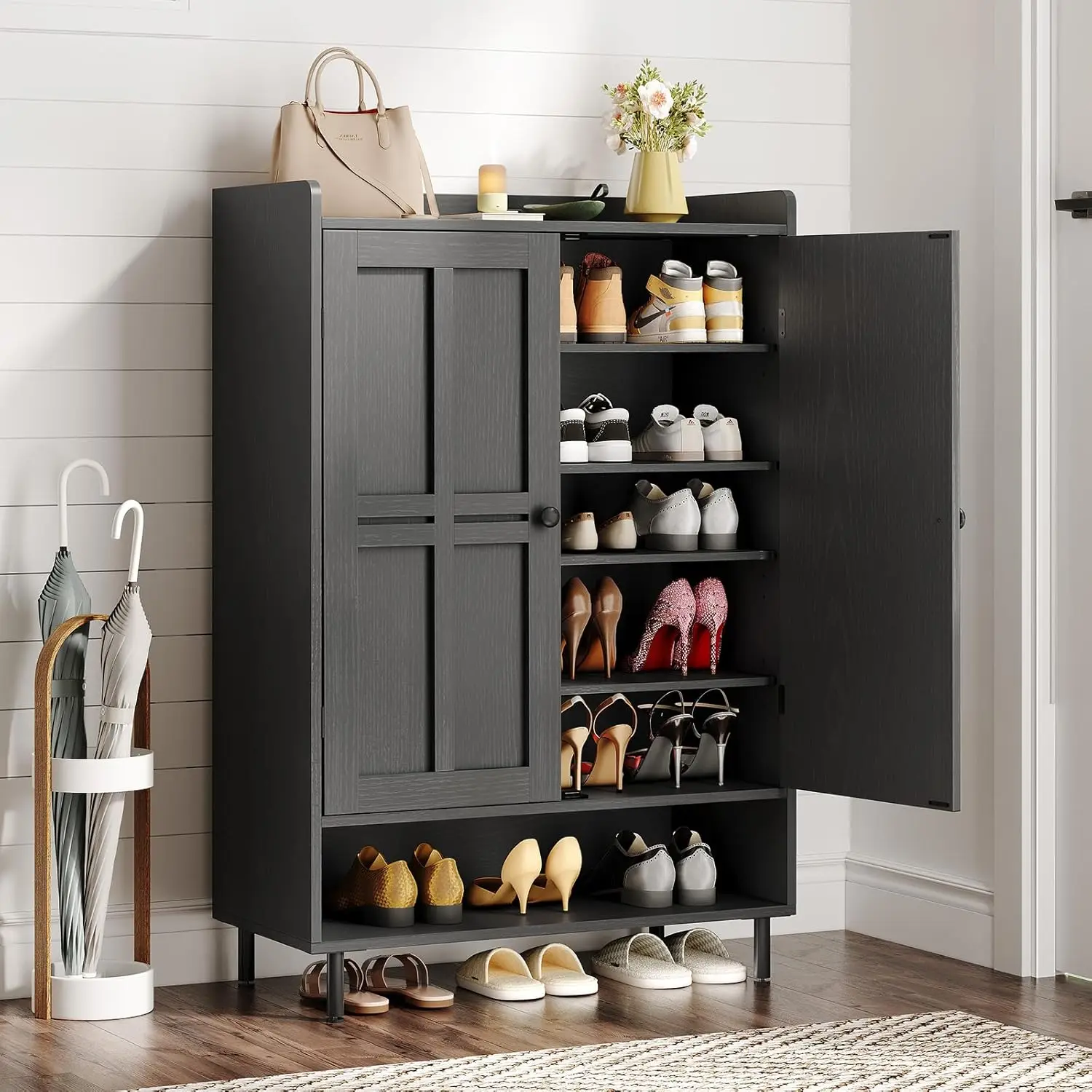 

Shoe cabinet with cross molded doors, 6-story shoe cabinet with 3 adjustable shelves and metal legs, 45 inch high shoe rack