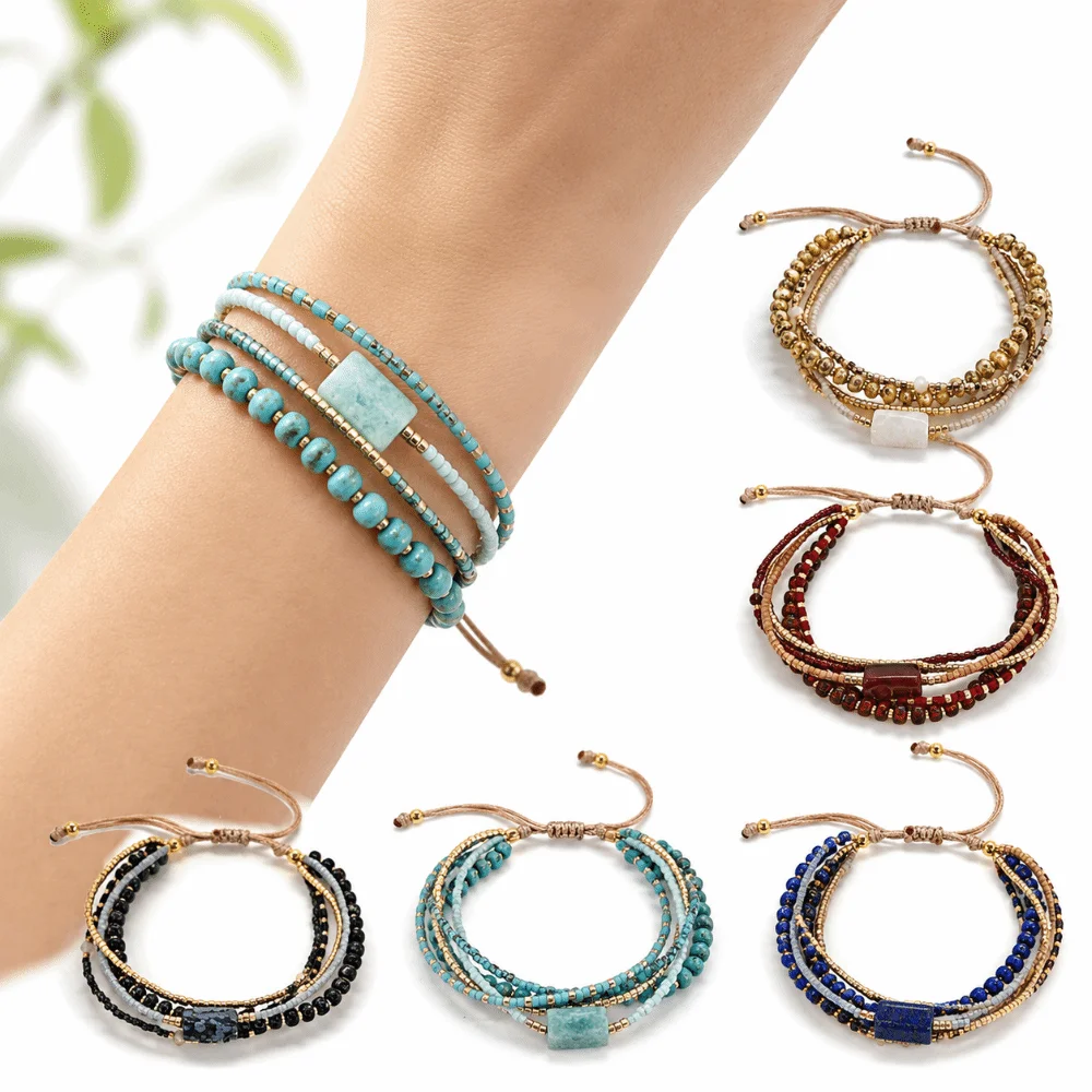 Turquoise Beads Stackable Beaded Bracelets Multi-Layer Design Wrap Closure Multi-Layer Wrap Bracelet Stackable Style