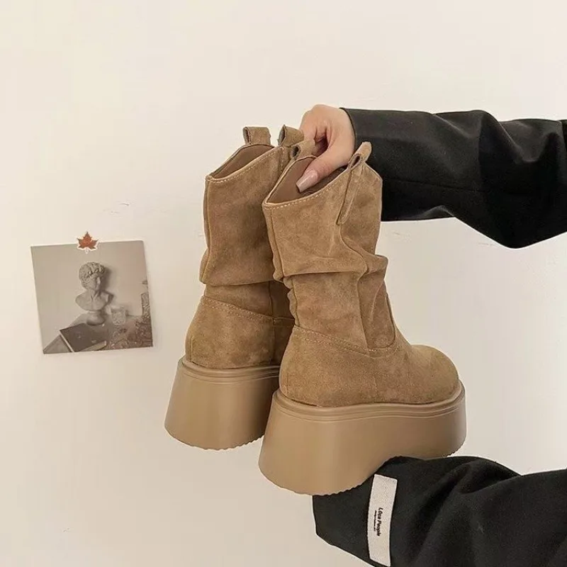 Women Platform Mid Calf Western Boots, Suede Ruched Slouchy Design, Round Toe Chunky Thick Sole Vintage Cowgirl Boots