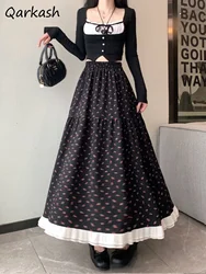 Skirts Women Floral Printed Retro Vintage Pleated Midi Faldas Patchwork Loose Lace Elastic Waist Korean Fashion A-line Girls