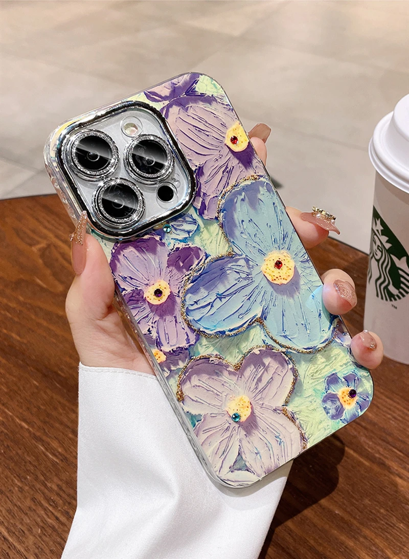 Luxury Fashion Flowers Glitter Laser Phone Case For iPhone 11 12 13 14 15 Pro Max Plus Diamond Shockproof Lens protection Cover