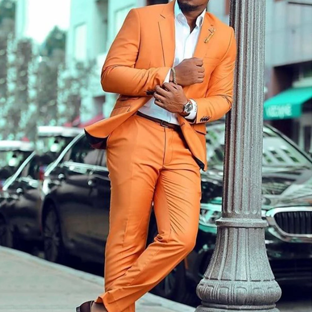 

Luxury Orange Suits for Men 2 Pieces Jacket Pants Single Breasted Blazers Sets Slim Fit Smart Male Banquet Business Clothing