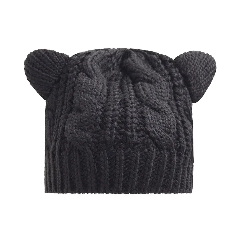 Chapéus de malha Kawaii Cat Ear para mulheres, monocromático, talões de crochê, anime Gorros, chapéu de inverno feminino, boné de lã kawaii