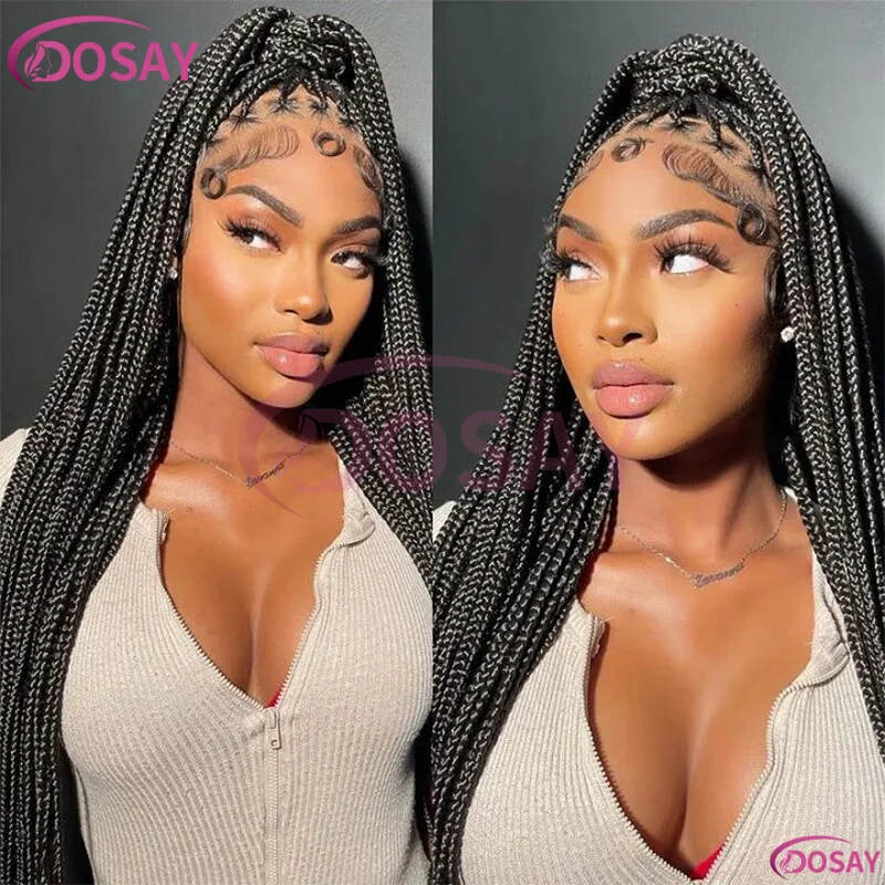 

36-дюймовые плетеные парики Cornrow для чернокожих женщин, плетеный парик без узлов с детскими волосами, синтетические HD кружевные парики