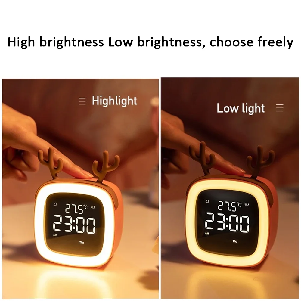 Novelty LED Night Light USB Rechargeable Electronic Alarm Clock for Children Student Gift Bedroom Bedside Cartoon Deer Bear Lamp