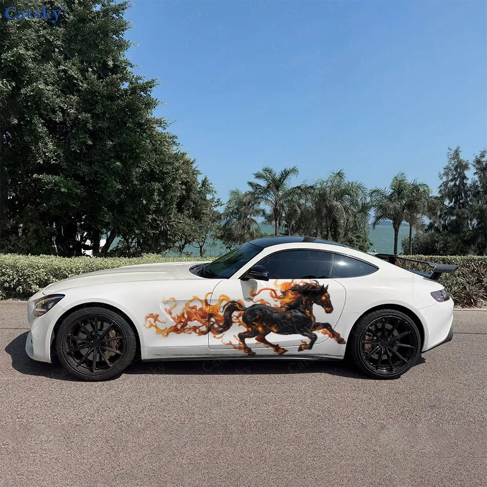 2pcs Blazing Galloping Black Horse Car Side Wraps, Self-Adhesive PVC Waterproof & Scratch-Resistant Stickers, Car Accessory Gift