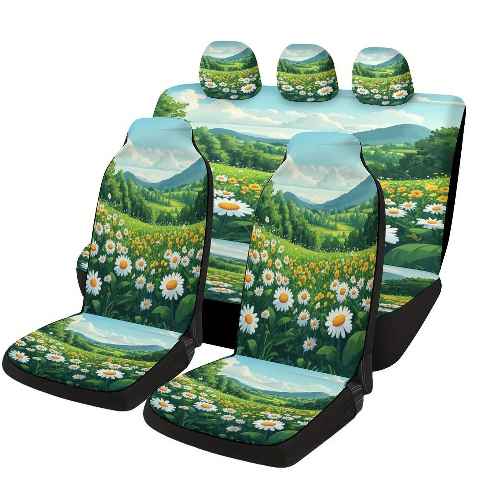 Flower Field Landscape Designed Car Seat Cover Set For Most Cars, Trendy Novelty High-quality Car Seat Protector Covers Full Set