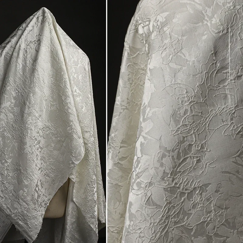 Irregular White Plant Jacquard Fabric Jacket Dress Clothing Designer Fashion Fabrics Wholesale Cloth for Diy Sewing By Meter