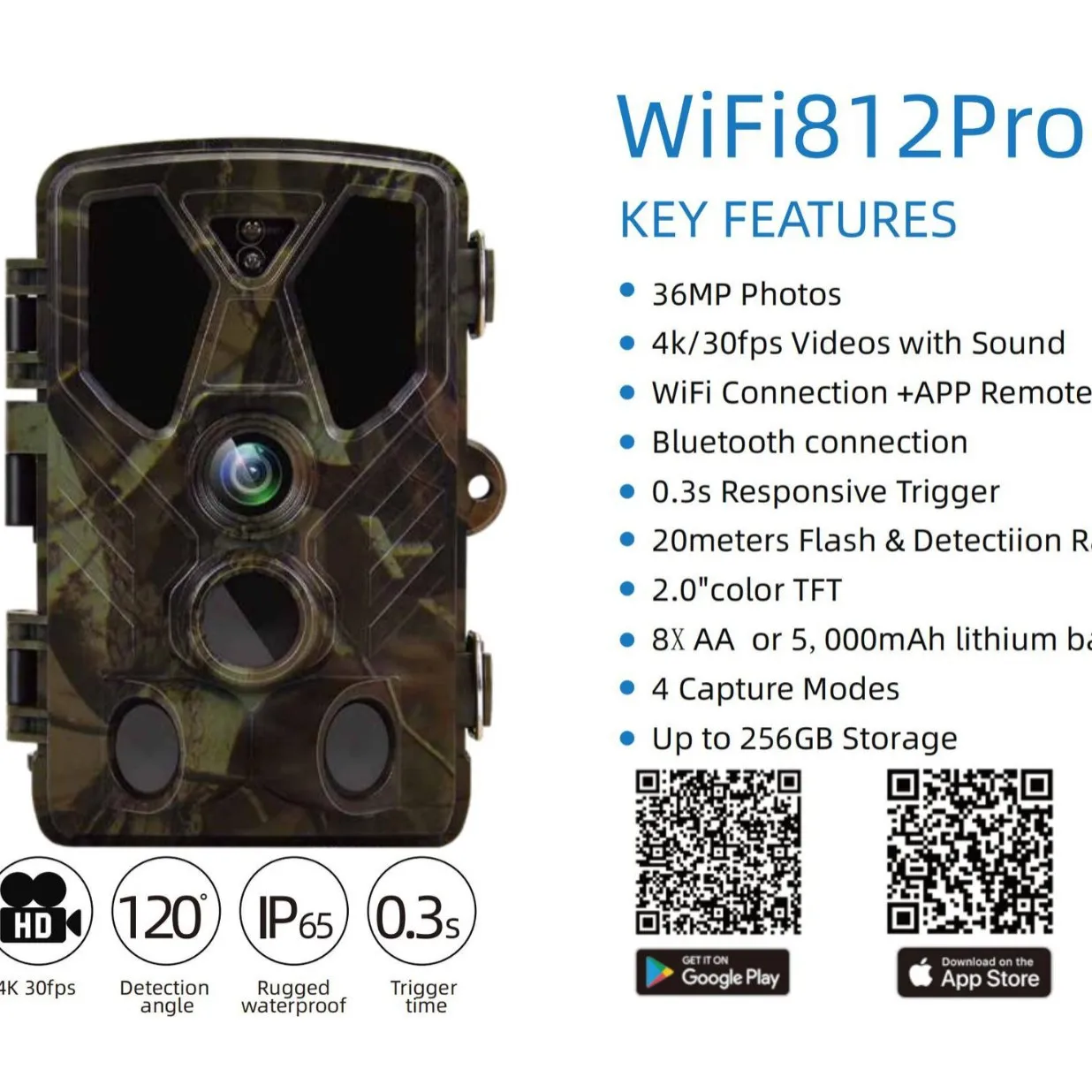 4K 36MP Outdoor Hunting Camera, WiFi Bluetooth Enabled, Motion Activated Trail Cam for Wildlife Monitoring Field Use