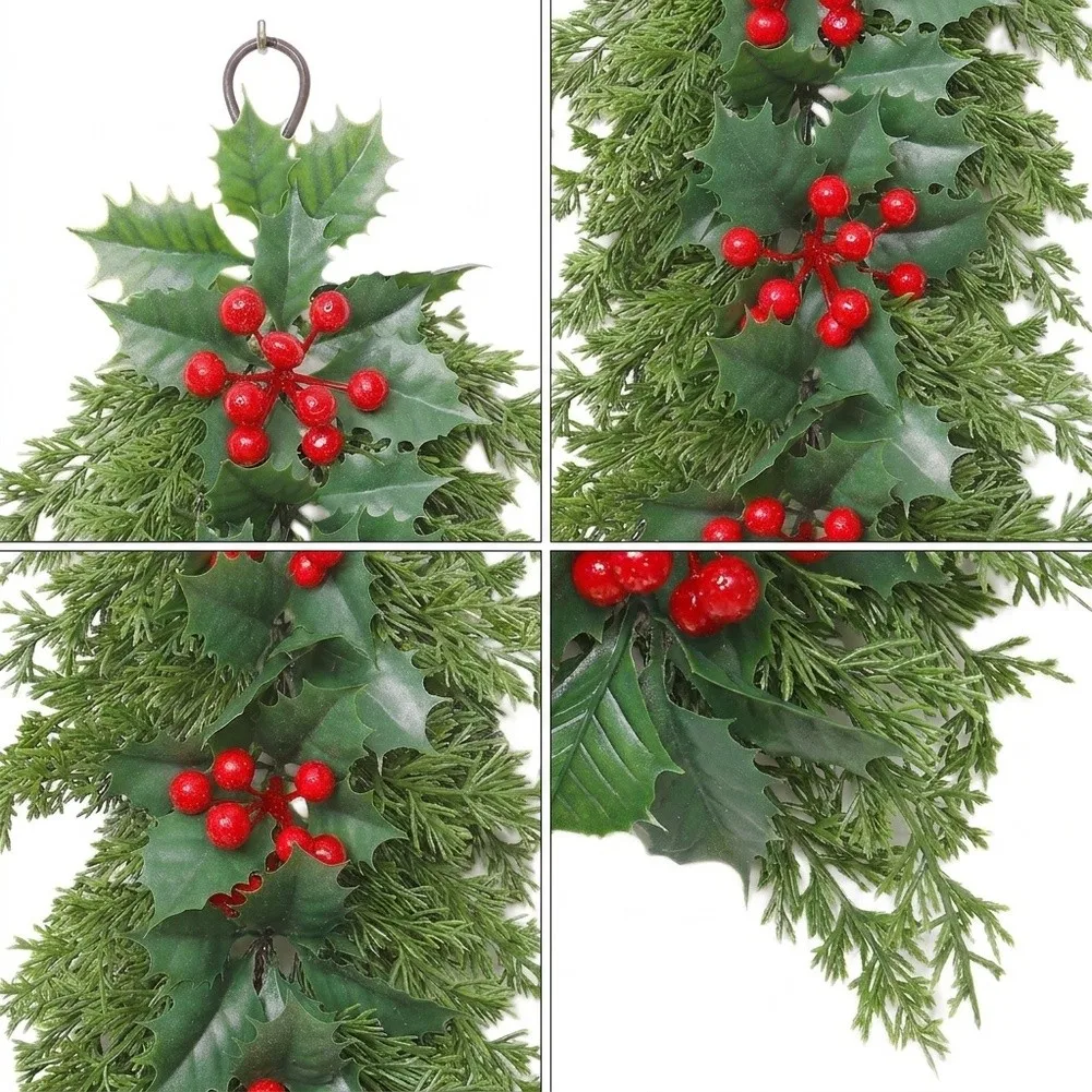 Christmas Holly Red Berry Swag 21.65 Inch Artificial Greenery Garland With Hanging Ring For Front Door Wall Mantel Holiday Decor