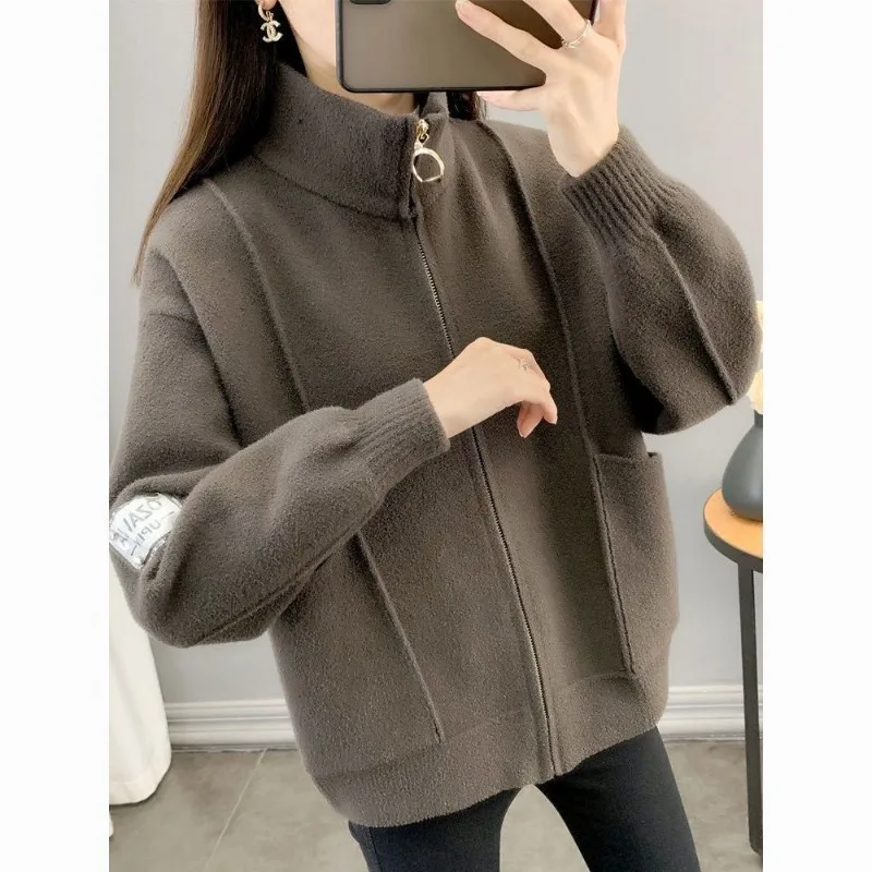 

Women's Knitted Double-sided Woolen Jacket Women's Autumn and Winter New Korean Style Zipper Loose Top Short Cardigan Versatile