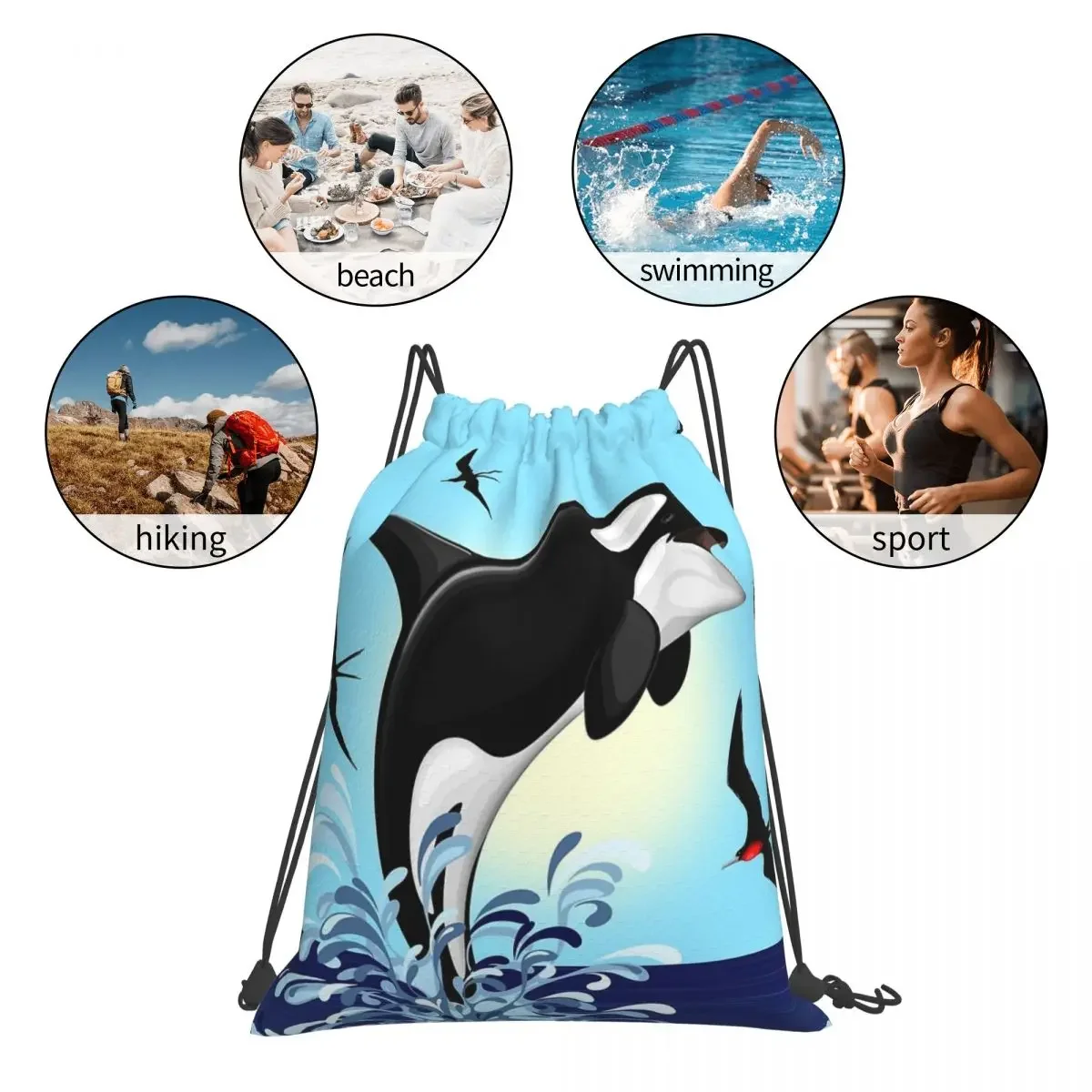 Orca Killer Whale Jumping Out The Ocean Drawstring Sacos, Bundle Pocket Sports Bag, Bookbag escolar para homens e mulheres