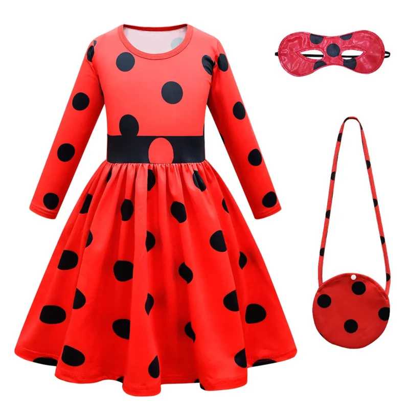 

Ladybug cosplay girl Halloween costume polka dots dress bag Carnival birthday party outfit cartoon gift stage kids clothes