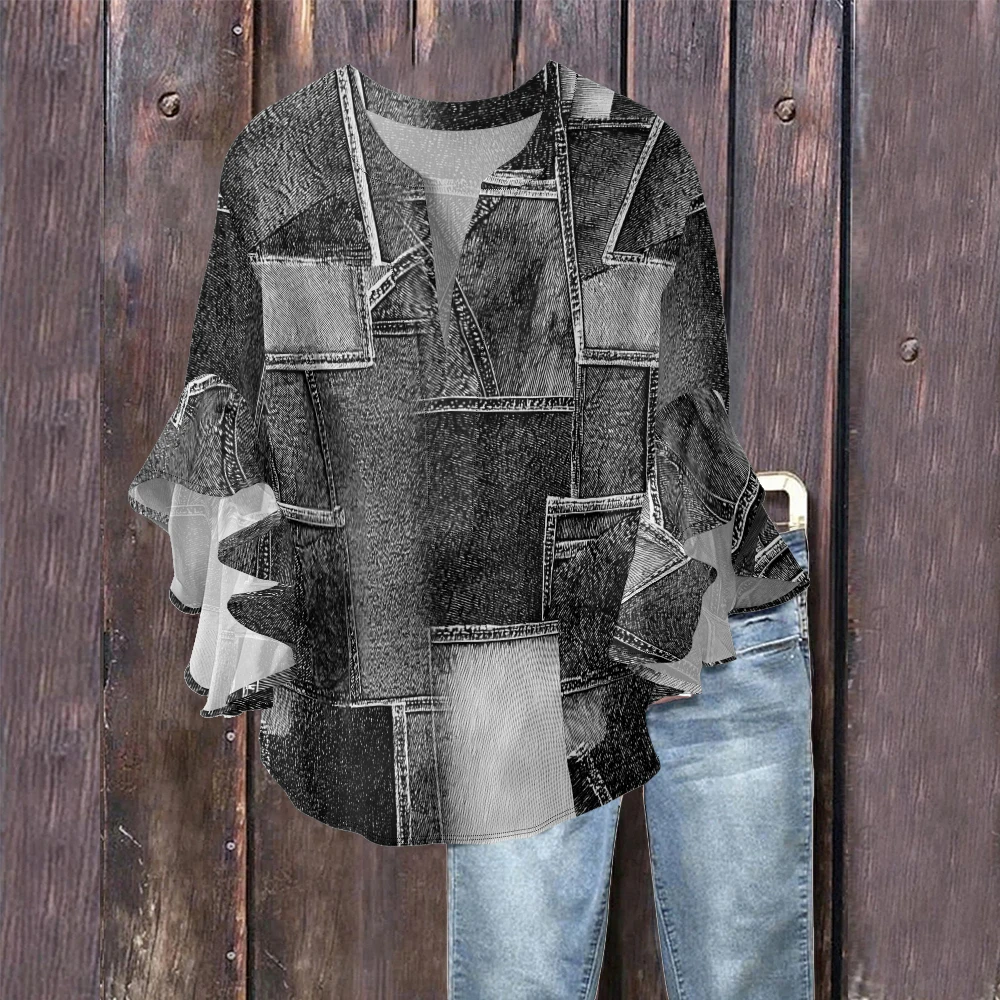 

Женская лоскутная рубашка большого размера, свободная блузка с воланами, рукавами с рюшами и глубоким v-образным вырезом, крутой эстетичный топ в стиле гранж