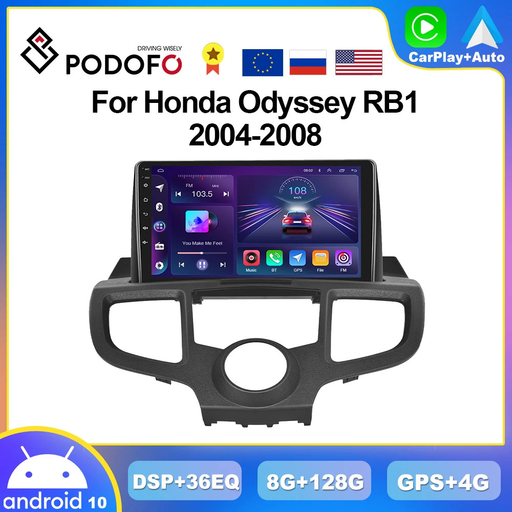 Podofo 8G+128G CarPlay Radio For Honda Odysse RB1 2004-2008 Android Multimedia Player 4G GPS Stereo 2din Head Unit AI Voice DSP