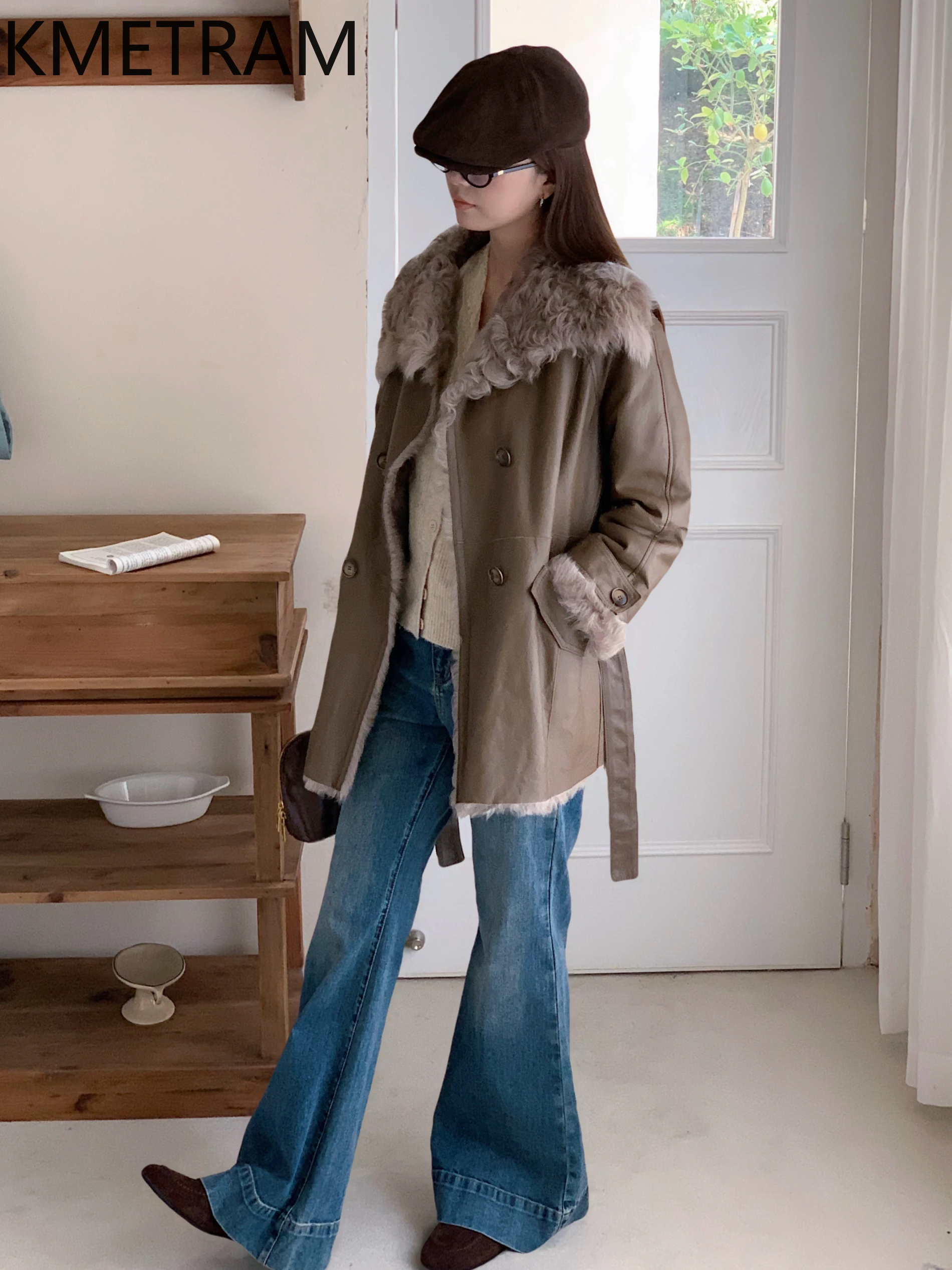 KMETRAM Natural Wool Sheepskin Double Faced Fur Coat Woman Luxury Mid Length Real Fur Jacket 2025 Winter Clothes шуба женская