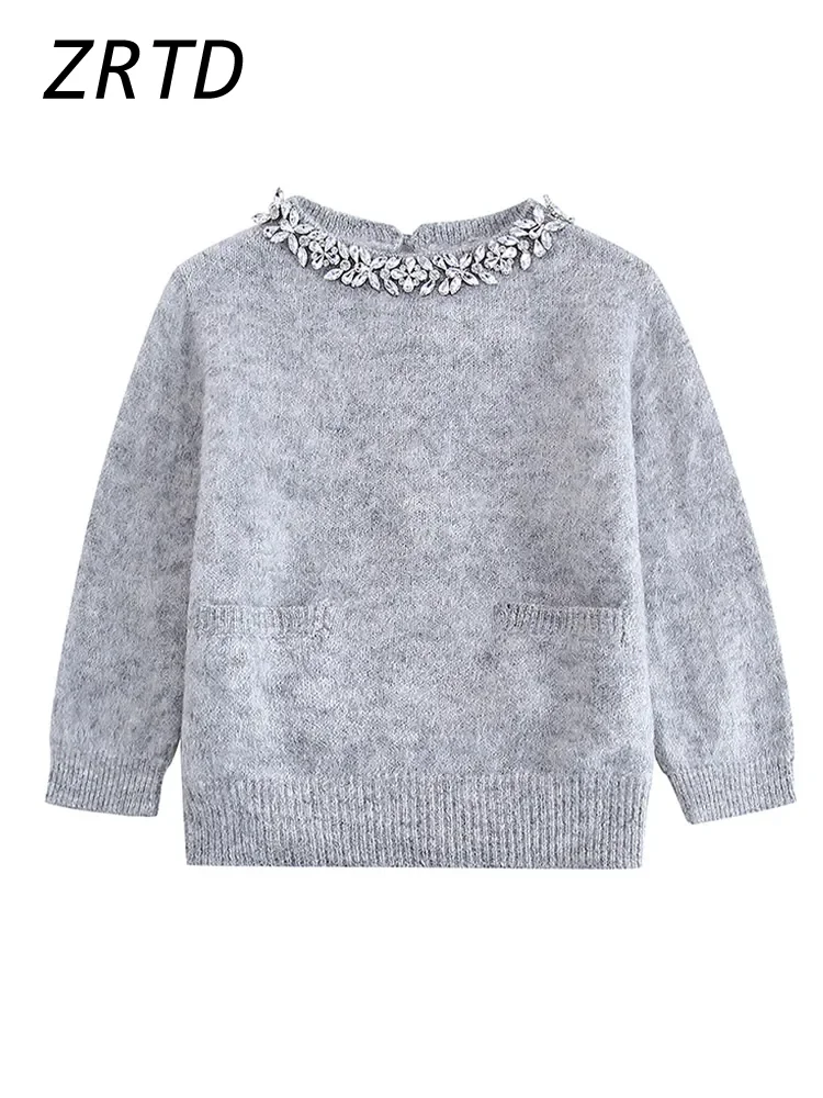 Elegant O-neck Diamond Knit Sweater for Women 2024 Autumn Casual Grey Long Sleeve Cropped Pullover Female Fashion Y2K Streetwear