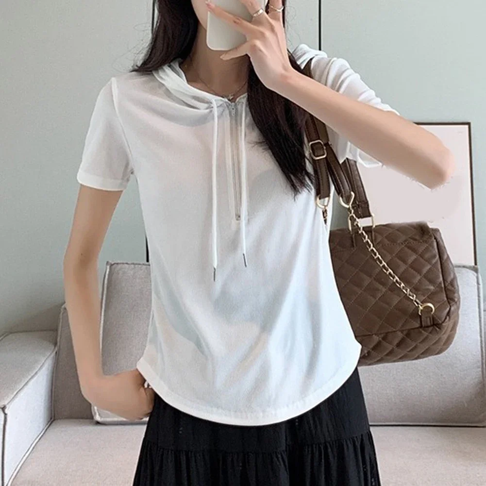 Ice Silk Hooded Top For Women Short Sleeve Cropped Fit With Full Zipper Front And Drawstring Hood For Summer Street Style