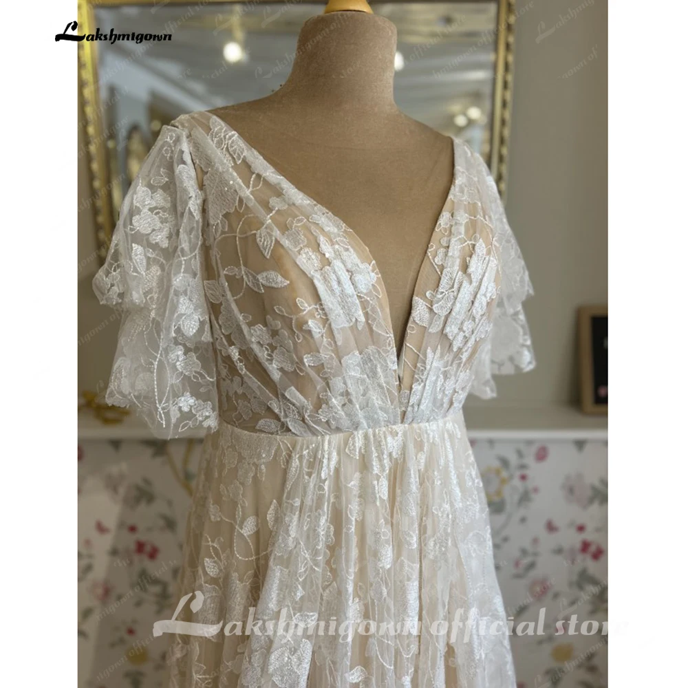 Lakshmigown Champagnerfarbenes Plus-Size-Hochzeitskleid mit abnehmbaren Fledermausärmeln, V-Ausschnitt, Spitze, Hofschleppe, Brautkleid nach Maß – Detail 8