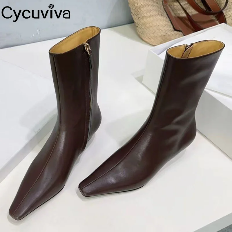 Designer nuovi stivali da moto in vera pelle da donna stivali corti con cerniera laterale punta quadrata stivali Chelsea da festa di moda invernale