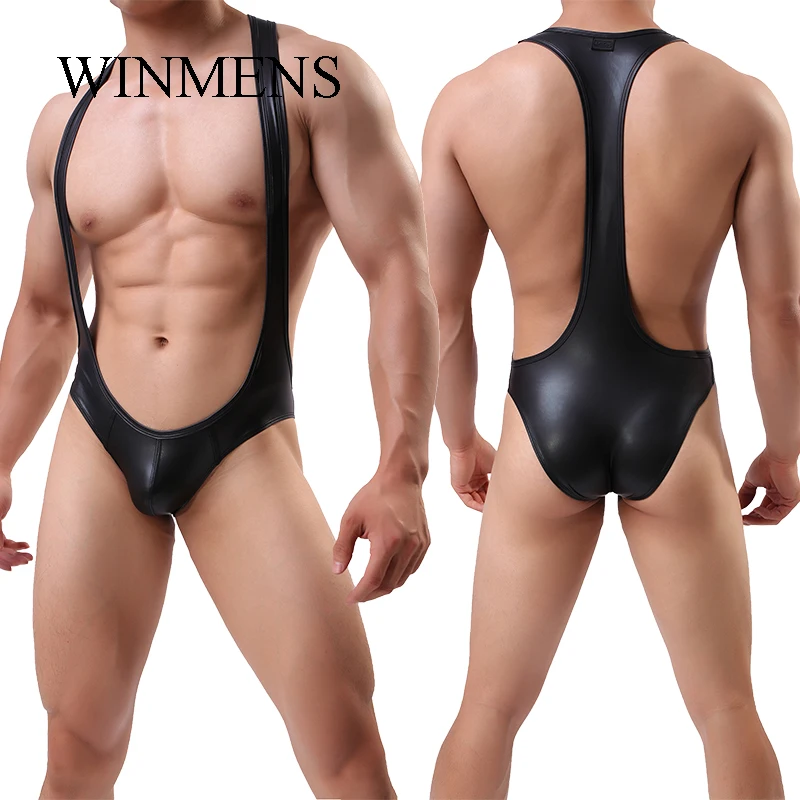 Black Imitation Leather Men's Close-fitting Briefs Underwear Funny Jumpsuit Suspenders Panties Gym Wrestling Suit