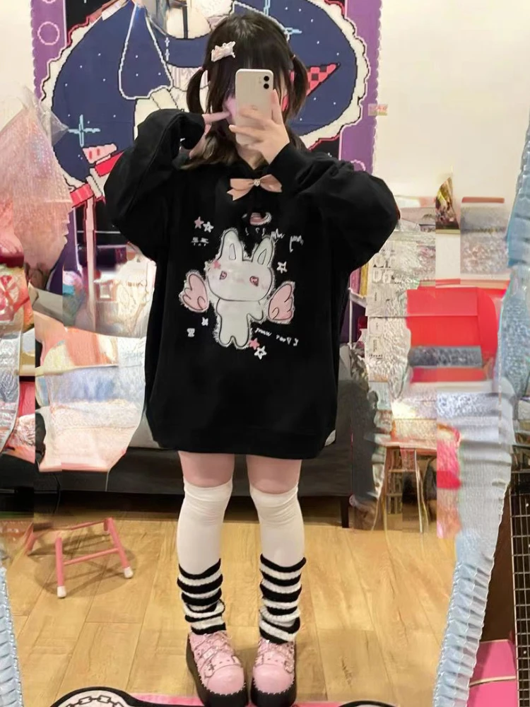 Harajuku Cartoon Print Hoodies Women Y2k Aesthetic Kawaii Loose Black Drawstring Coats Grunge Pocket Streetwear Sweatshirts
