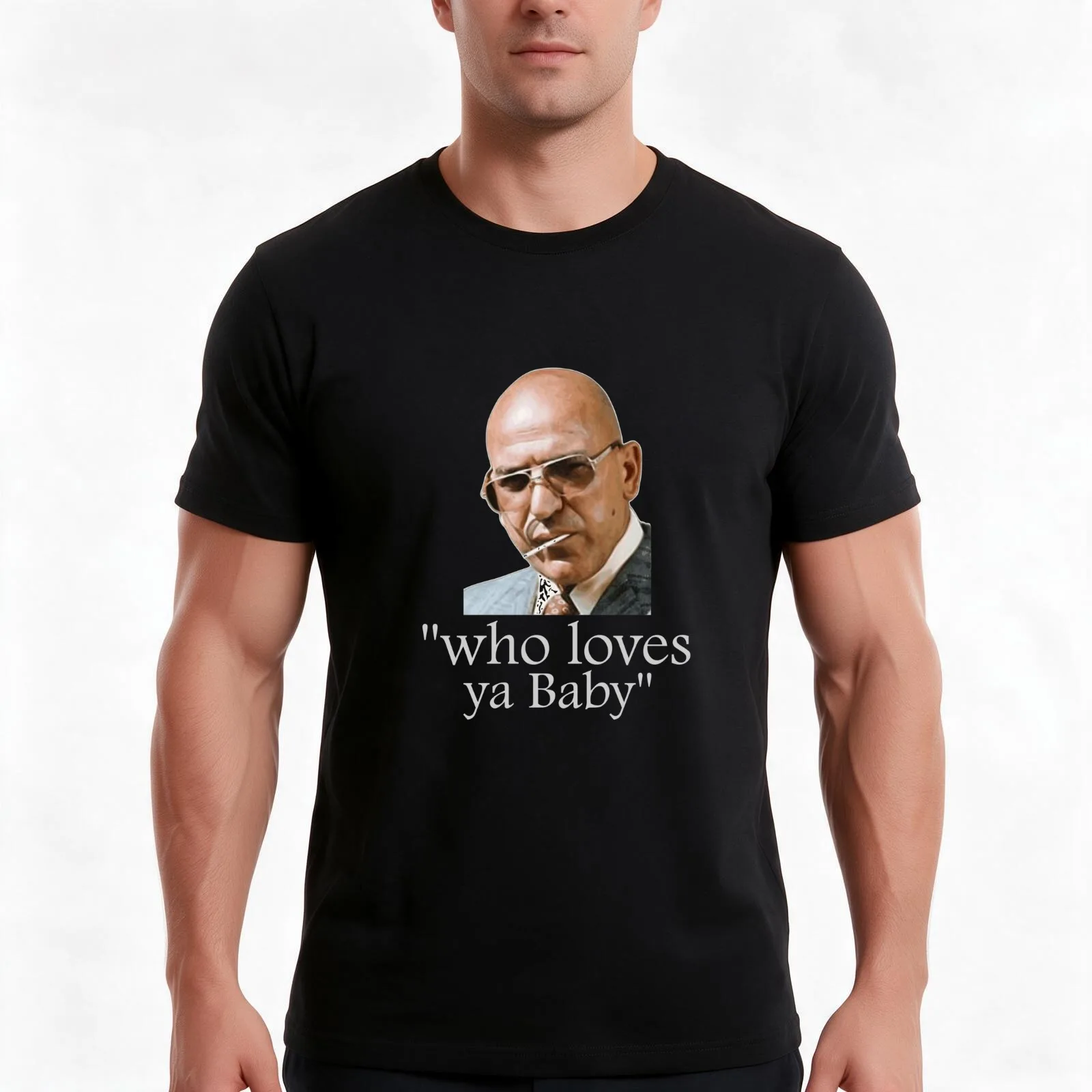 telly savalas, who loves ya baby. T-Shirt, Summer Casual Cotton Tee, Oversized Streetwear Tops, Vintage Graphic Print