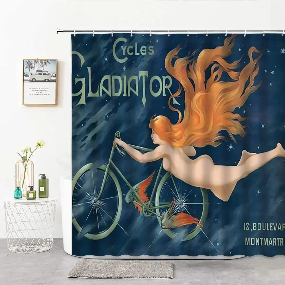 Funny Shower Curtain Sexy Girl Pushing A Bicycle Pattern Bathroom Decoration Screen With Hook Blue Background